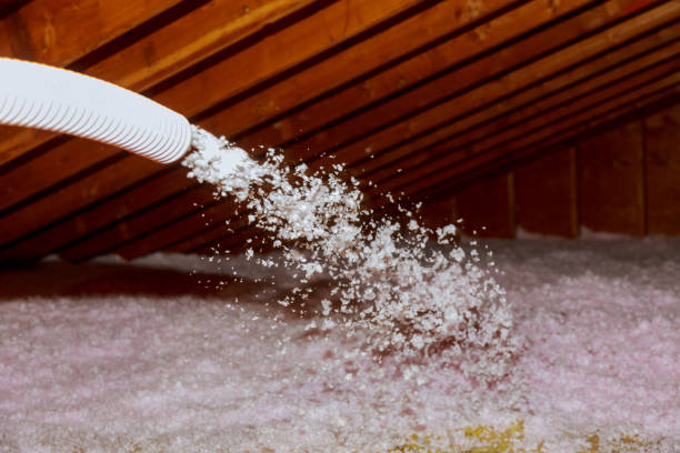 Loose-fill insulation being blown through a hose onto an attic floor